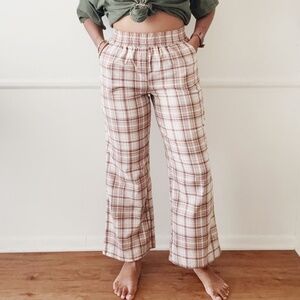 vintage cream and pink plaid wide leg elastic waist pants